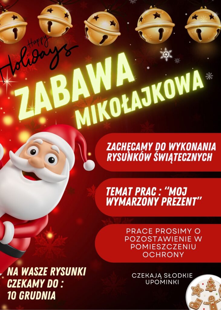 Zabawa Mikołajkowa

🎅 ZABAWA MIKOŁAJKOWA NA OSIEDLU 🎄

Serdecznie zapraszamy wszystkie dzieci do udziału w świątecznej zabawie mikołajkowej!
W ramach przygotowań zachęcamy najmłodszych do wykonania rysunków o temacie: „Mój wymarzony prezent”.

🖍 Prace prosimy przynosić do ochrony
⏰ Na rysunki czekamy do 10 grudnia

Wszystkie dziecięce prace zostaną  wywieszone w holu głównym.

A na każdego małego artystę będzie czekał słodki upominek! 🍬🎁

Zapraszamy do wspólnego tworzenia świątecznej atmosfery na naszym osiedlu! ✨